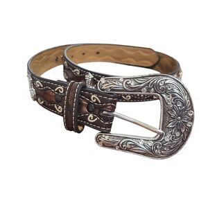 Ariat Belt Girl's 28 Brown Bronze Rhinestone Cross Conch Stud Western Cowgirl